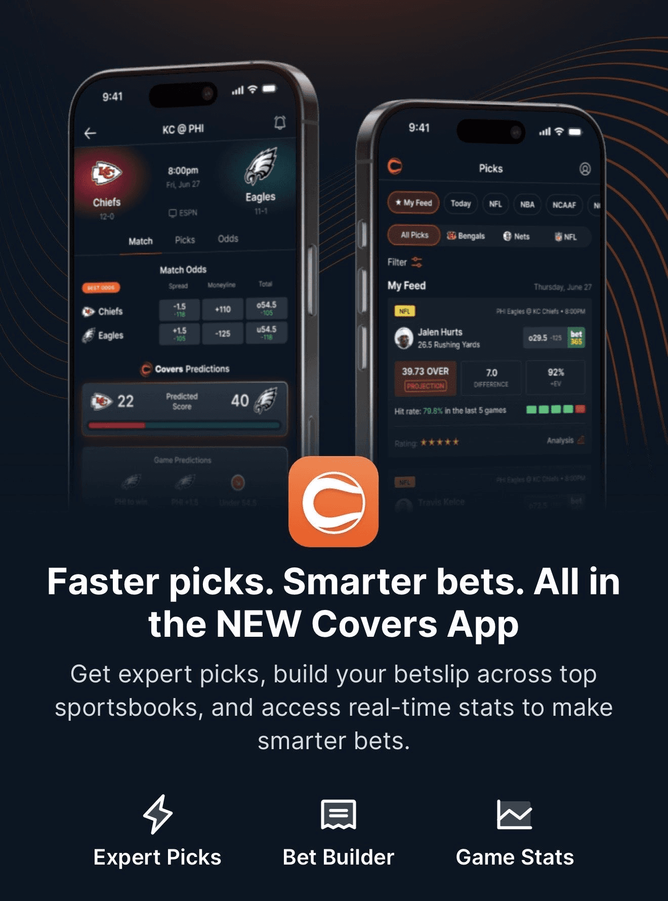 Covers app launch creative showing matchup predictions and expert picks on two phones