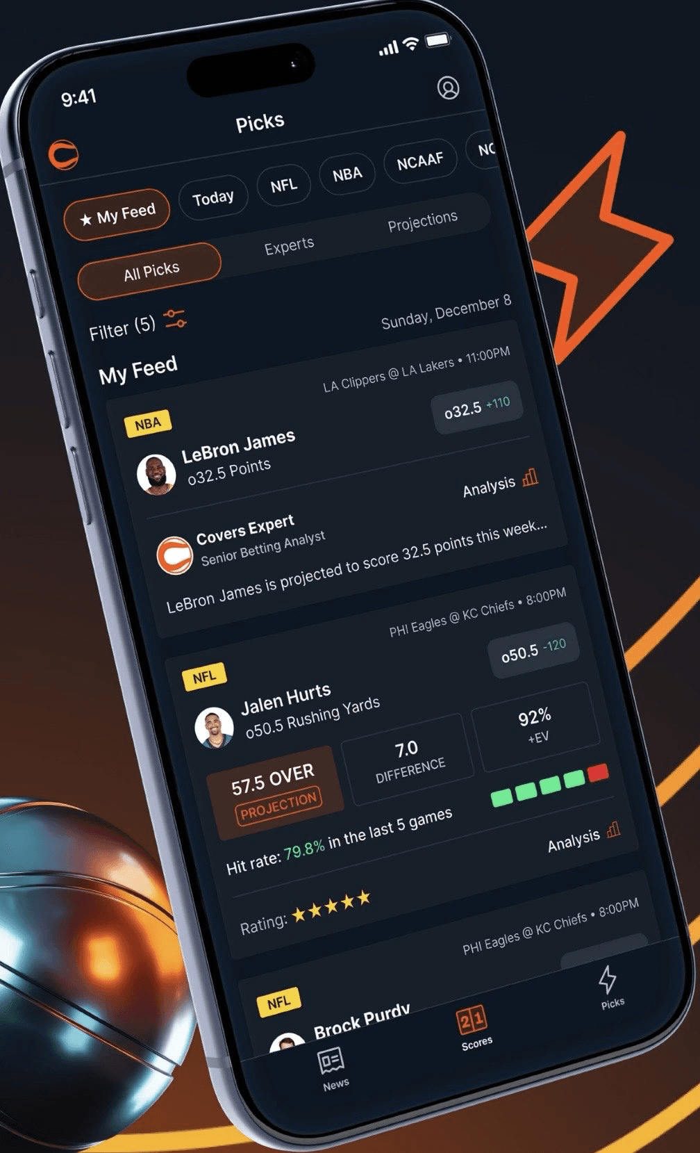 Covers app picks feed showing expert selections, projections, expected value, hit rate, and analysis