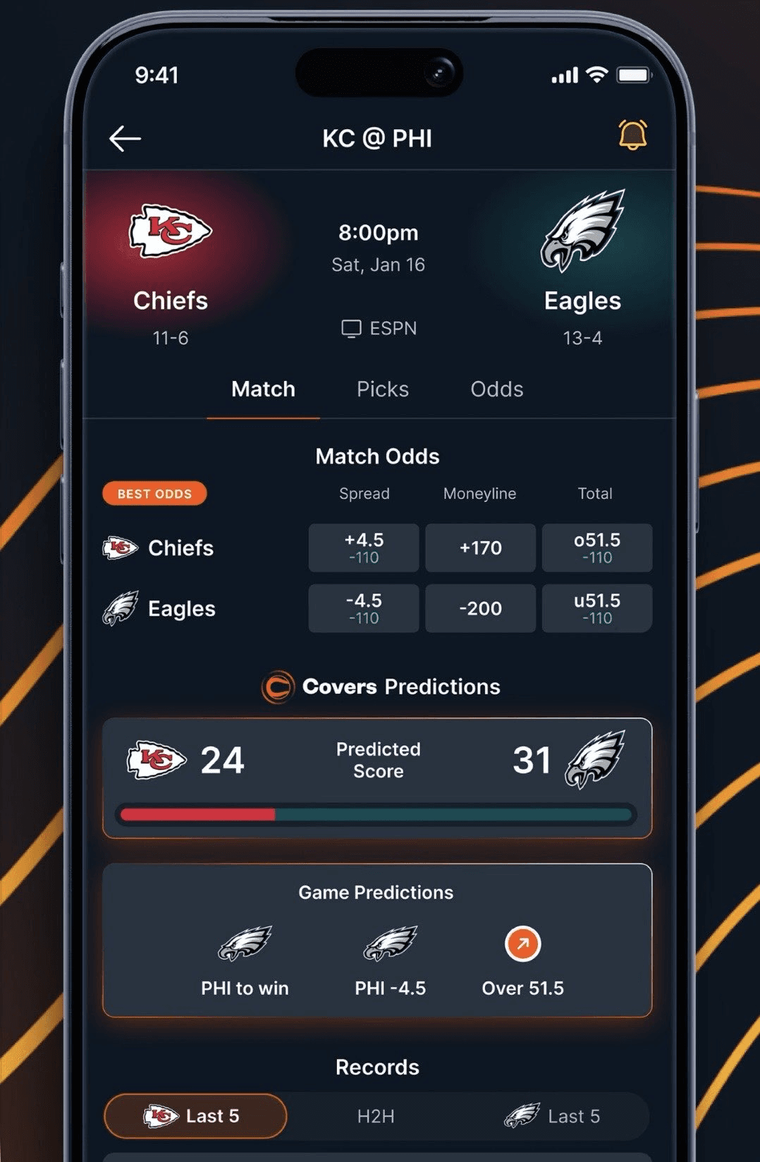 Covers app NFL matchup screen showing odds, predicted score, and game predictions