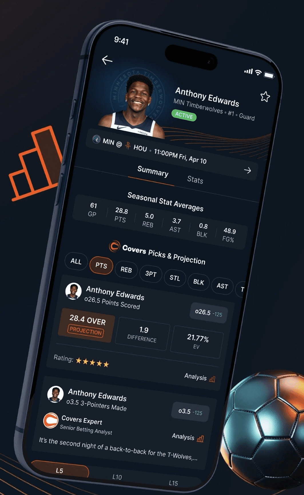 Covers app Anthony Edwards player page showing stats, projections, expected value, and expert analysis