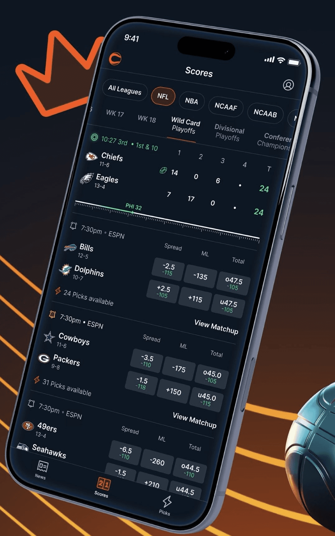 Covers app scores screen showing live NFL game state, odds, and matchup links
