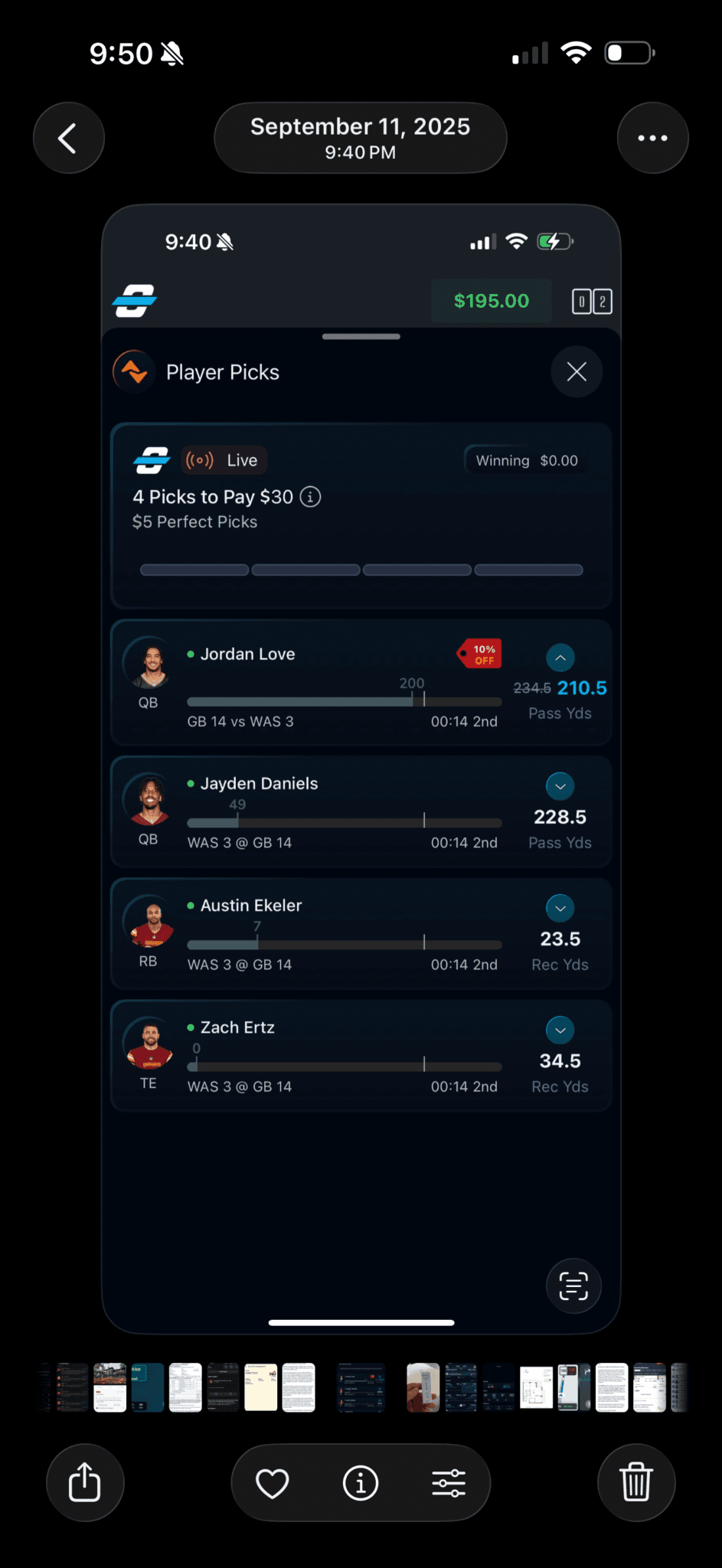 OwnersBox Player Picks live entry showing four NFL player selections progressing against their statistical lines