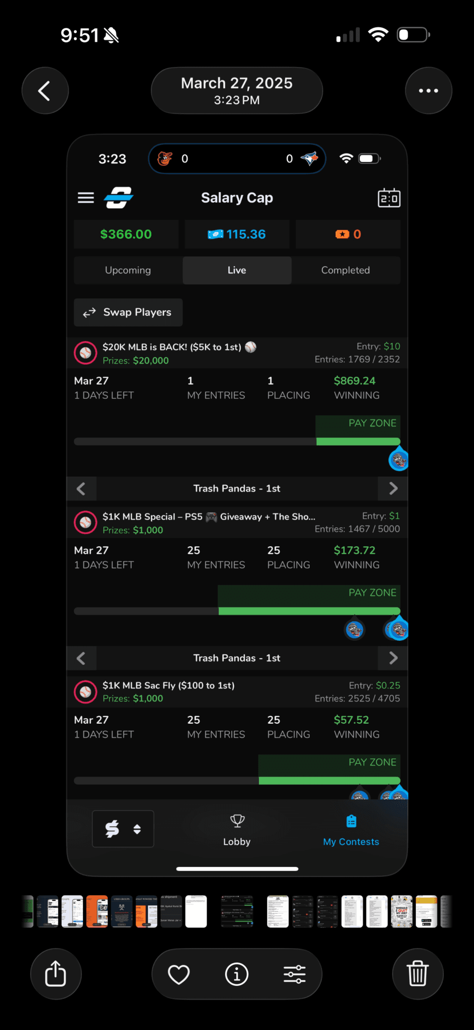 OwnersBox Salary Cap live contests showing MLB standings, winnings, lineup placement, and pay zones