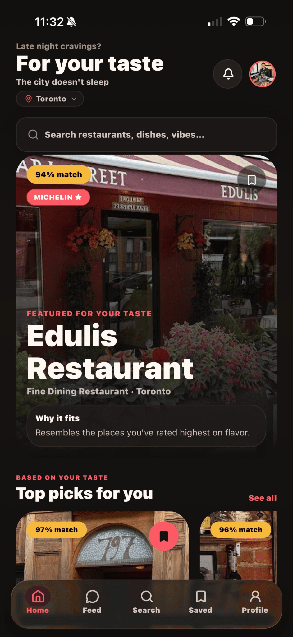 TastyPals personalized home screen featuring a Toronto restaurant and taste-match recommendations