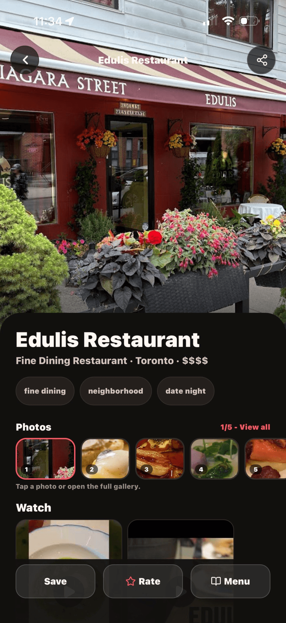 TastyPals restaurant detail page showing Edulis Restaurant, tags, photos, videos, and decision actions
