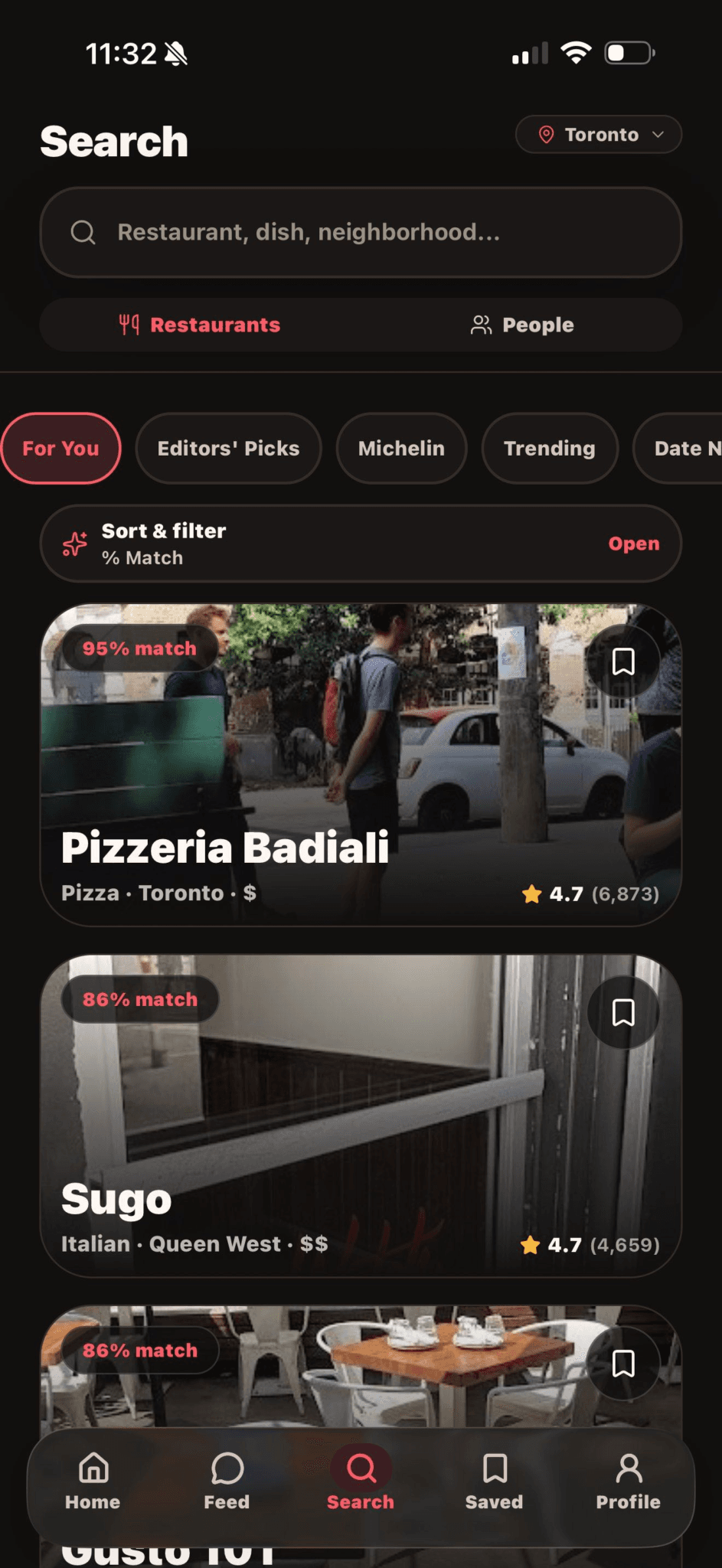 TastyPals restaurant search showing personalized match percentages and Toronto restaurant results