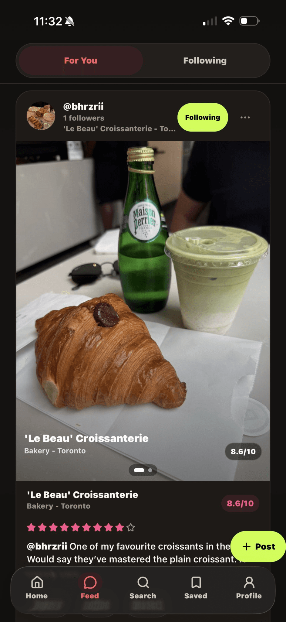 TastyPals social feed showing a community restaurant review with photos and a diner rating