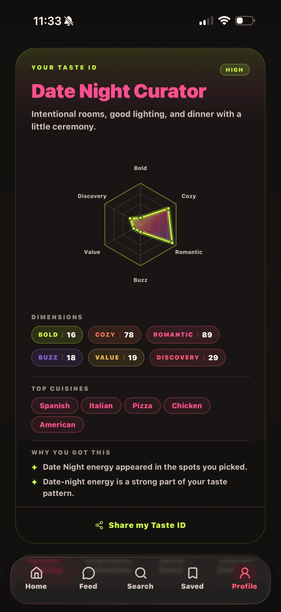 TastyPals Taste ID showing a Date Night Curator profile with dining dimensions and cuisine preferences