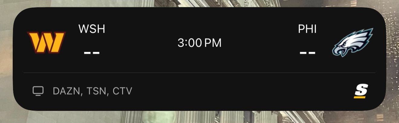 theScore NFL Live Activity showing an upcoming Washington and Philadelphia game on a lock screen