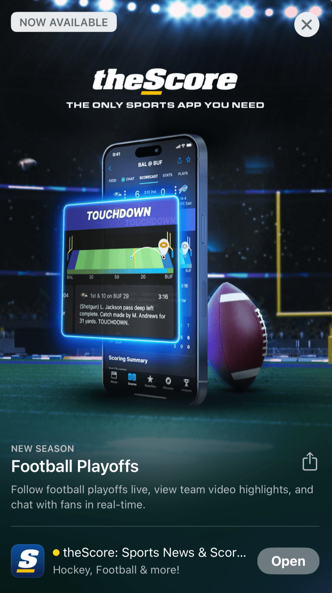 theScore App Store story featuring the launch of football ScoreCast
