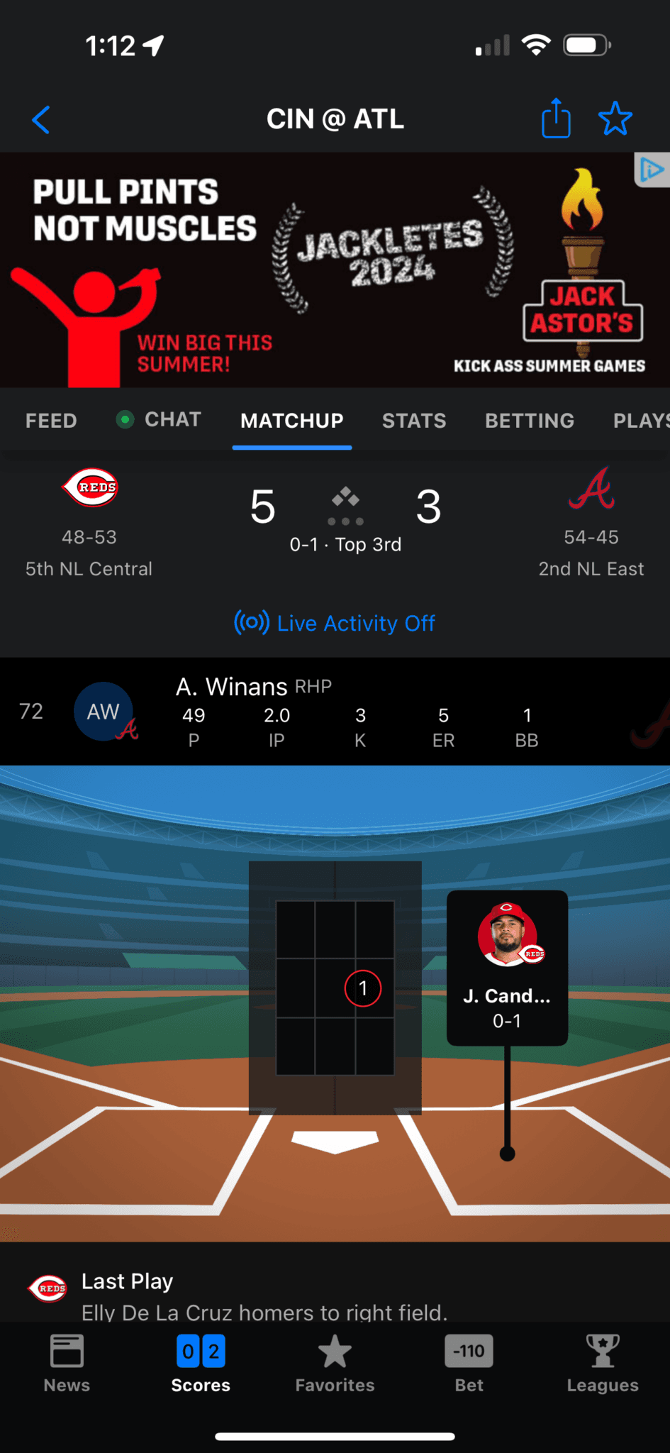 MLB ScoreCast screen showing the at-bat, pitch location, pitcher detail, and last play