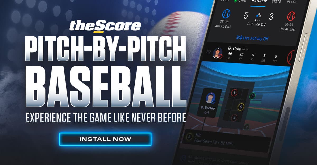theScore launch creative showing MLB ScoreCast pitch-by-pitch visualization on a phone