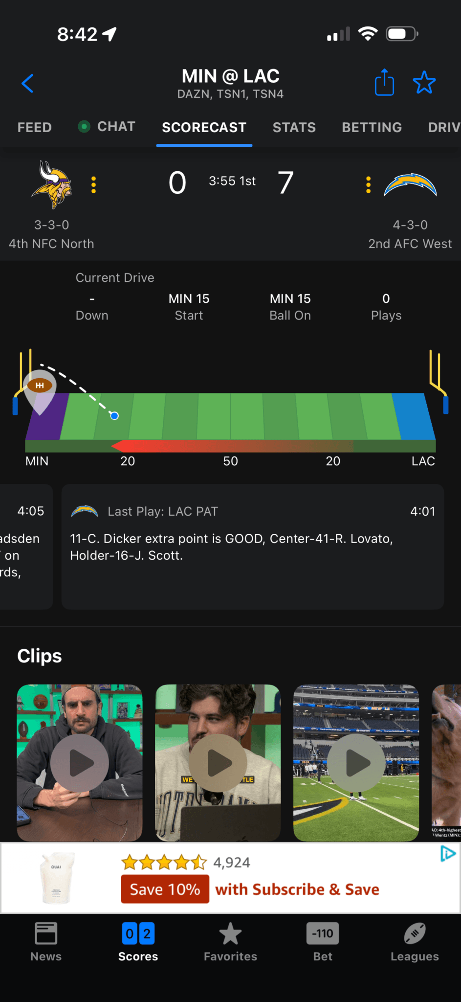 NFL ScoreCast screen showing current drive state, field position, the latest play, and live clips