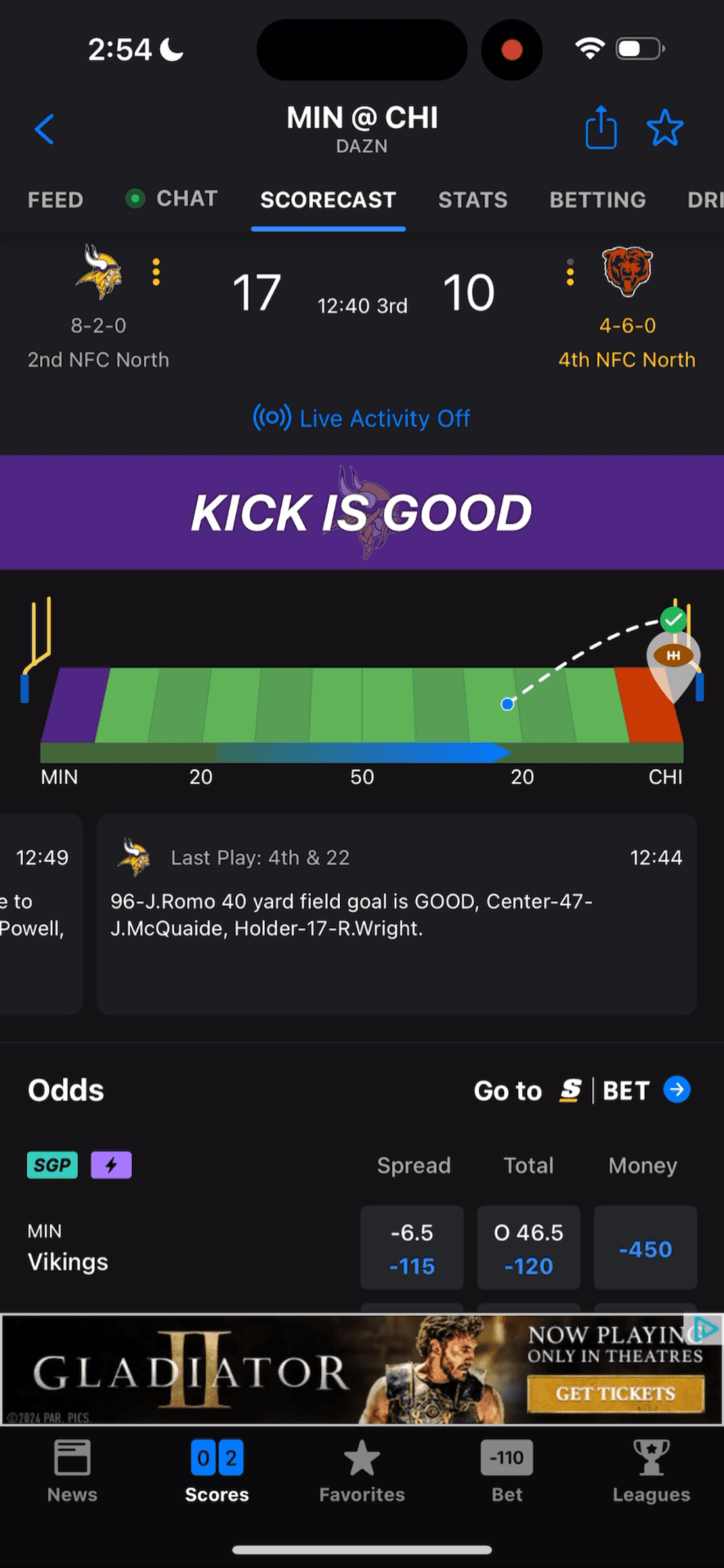 NFL ScoreCast screen showing a successful field goal, field position, play detail, and live odds